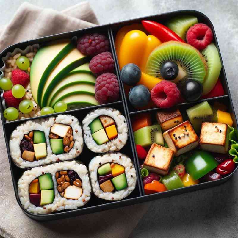 Photo of a bento box filled with balanced gluten-free vegan options. It contains sushi rolls made with brown rice, avocado, and cucumber, a portion of stir-fried tofu with bell peppers, and a side of fruit salad with berries and kiwi.