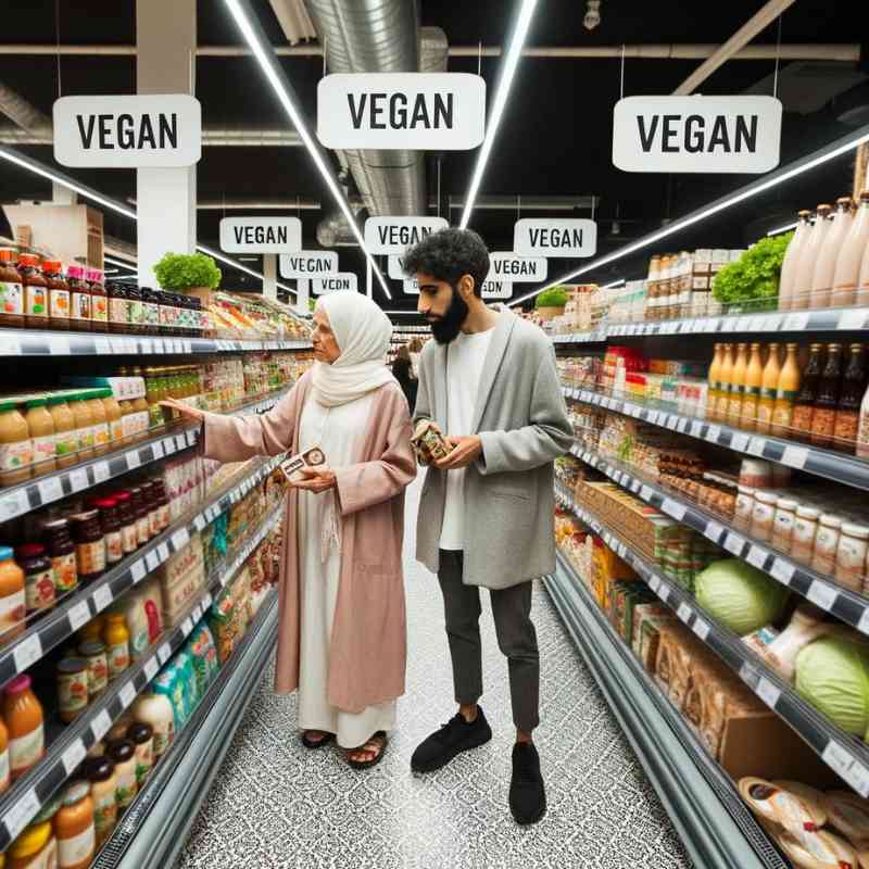 Photo of a bright and organized grocery store aisle dedicated to vegan products. Shoppers of various descents, including a Middle Eastern woman and a Caucasian man, are selecting items from the shelves. Prominent labels highlight vegan and budget-friendly options.