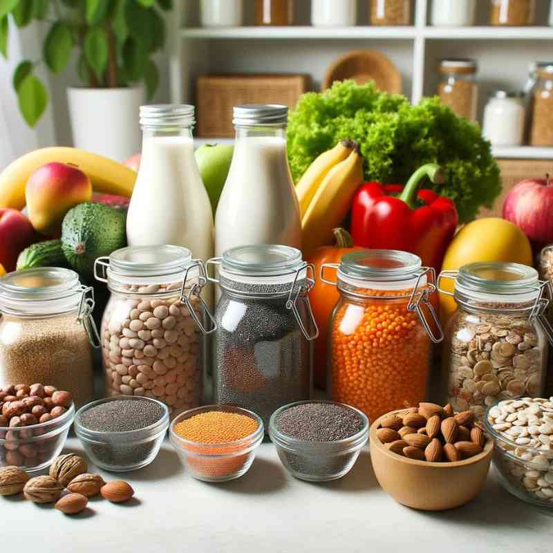 Photo of a bright kitchen counter displaying various foods for a balanced gluten-free vegan diet. Jars of lentils, chia seeds, nuts, and gluten-free grains are lined up. Fresh fruits, vegetables, and plant-based milk bottles are also showcased.