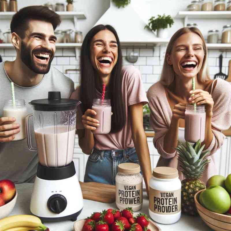 Photo of a bright kitchen setting with a diverse group of three people laughing and enjoying vegan protein shakes. On the counter, there are blenders, various fruits like strawberries and blueberries, and jars of vegan protein powder.