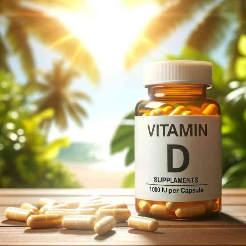 Photo of a bright sunny background with a bottle labeled 'Vitamin D Supplements' in the foreground. The bottle is open, with a few capsules spilling out onto a wooden table. A label on the bottle indicates that it contains 1000 IU per capsule.