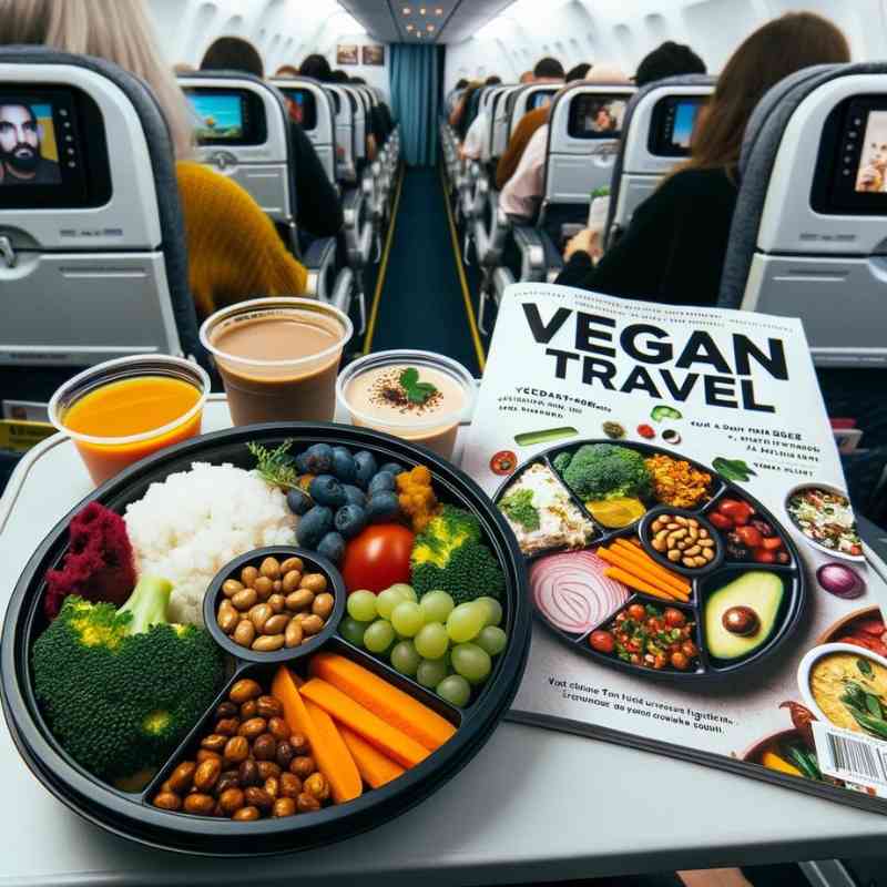 Photo of a close-up of an in-flight vegan meal with a variety of plant-based dishes. Next to the meal, a magazine titled 'Vegan Travel' is open. Diverse passengers in the background discuss their vegan choices.