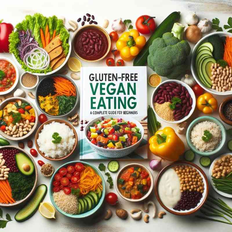 Photo of a colorful spread of gluten-free vegan dishes on a white background. Bowls of fresh salads, roasted vegetables, bean stews, and rice dishes are neatly arranged. A book with the title 'Gluten-Free Vegan Eating: A Complete Guide for Beginners' is placed prominently among the dishes.