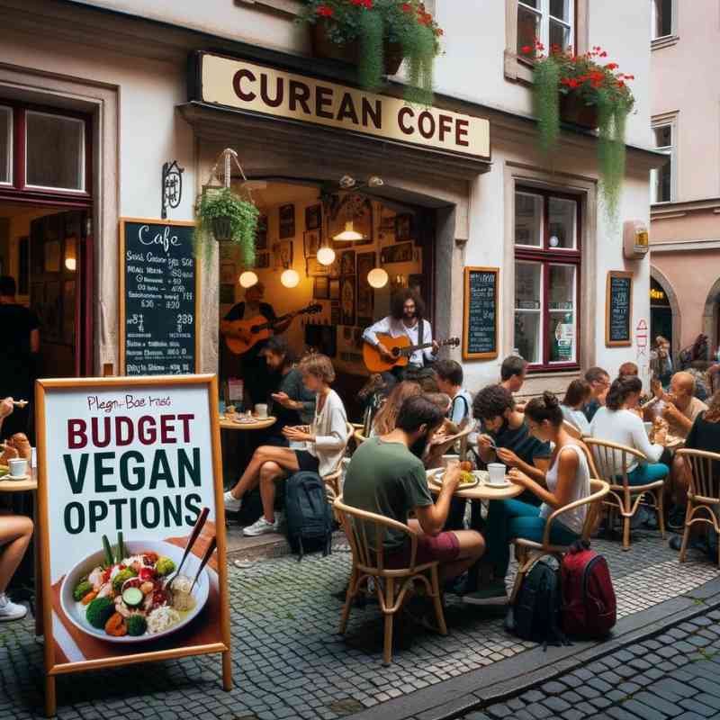 Photo of a cozy European café with a signboard outside advertising 'Budget Vegan Options'. A diverse group of tourists sit at tables, enjoying plant-based meals. The ambiance is lively with European street musicians playing nearby.
