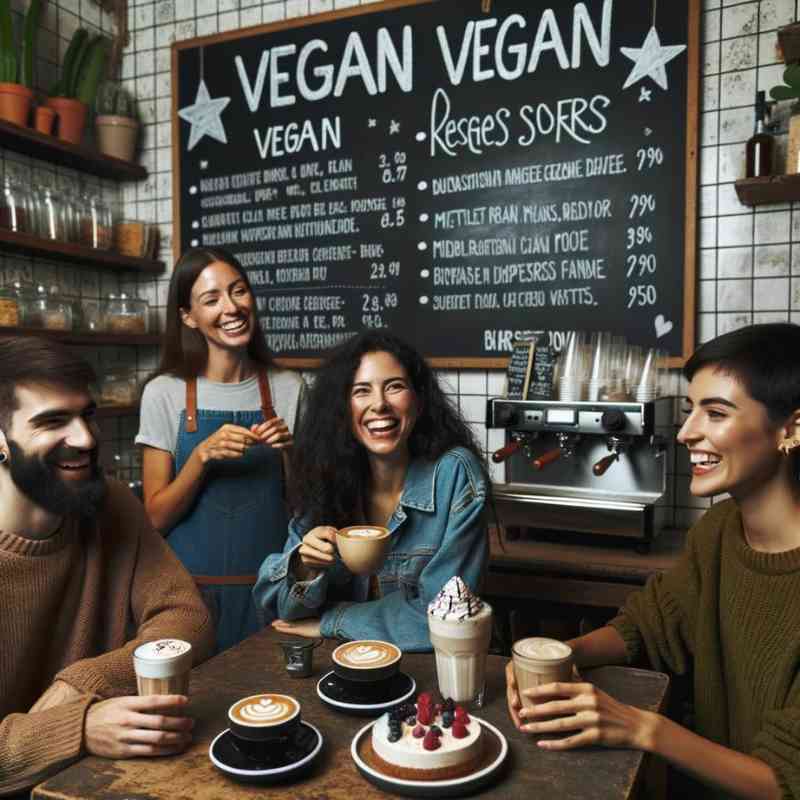 Photo of a cozy cafe interior with chalkboard menus highlighting vegan options. A diverse group of friends, including a Latinx woman and a Middle Eastern man, are chatting and laughing over vegan desserts and drinks. A barista, a European woman, prepares a vegan latte in the background.