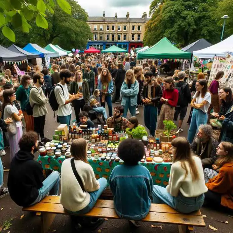 Photo of a diverse community gathering in a local park, with various stalls promoting vegan products, and people engaging in discussions about the benefits of veganism for the environment and health.