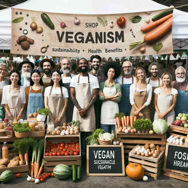 Photo of a diverse group of farmers showcasing their organic and vegan products at a local market with banners emphasizing the sustainability and health benefits of veganism