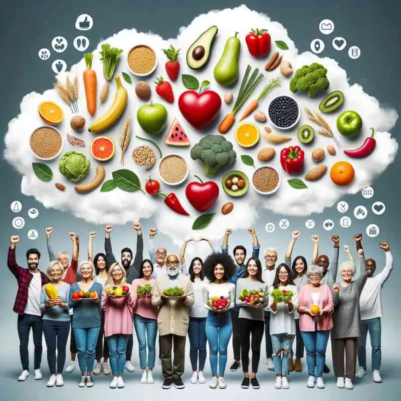 Photo of a diverse group of individuals holding up various vegan foods like fruits, vegetables, and grains. Above them, a cloud of health-related icons represents benefits such as improved heart health, better digestion, and increased energy.