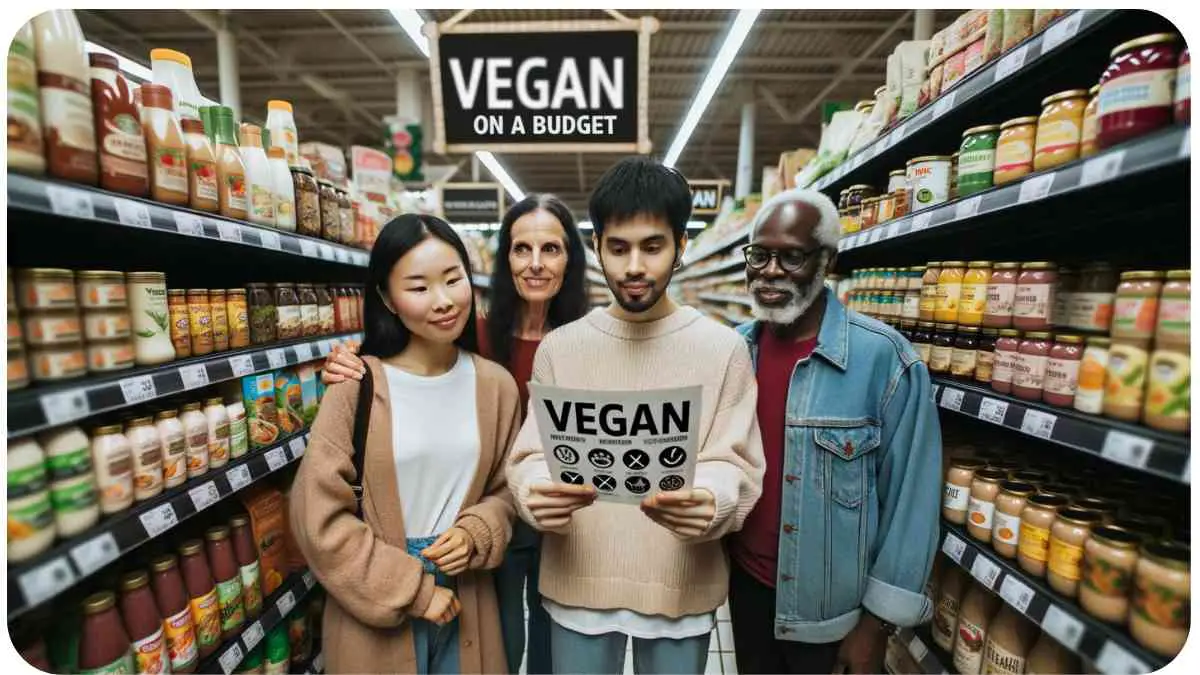 Photo of a diverse group of individuals, including a young Asian woman and an elderly African man, standing in a grocery store aisle looking at product labels. Vegan stickers and symbols are prominently displayed on the shelf. The aisle has a large sign above reading 'Affordable Vegan Options'. In their hands, they hold a list titled 'Vegan on a Budget'.
