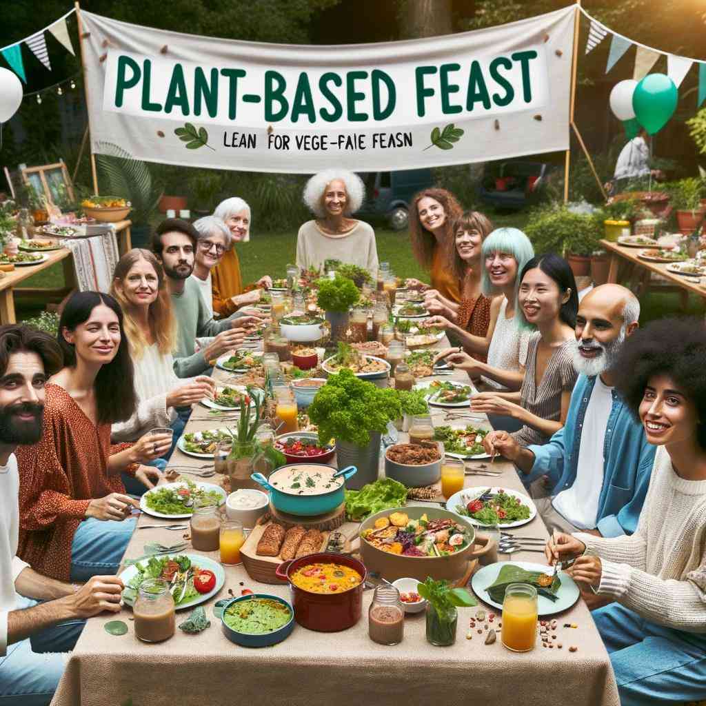Photo of a diverse group of people enjoying a plant-based meal outdoors. They are seated at a long table filled with delicious vegan dishes. Above the table, a banner reads 'Plant-Based Feast'.
