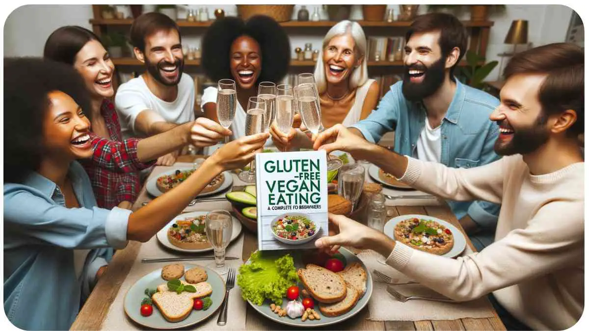 Photo of a diverse group of people sitting around a dining table, enjoying gluten-free vegan meals. They are laughing and toasting with glasses of sparkling water. The book 'Gluten-Free Vegan Eating: A Complete Guide for Beginners' is showcased in the center of the table.