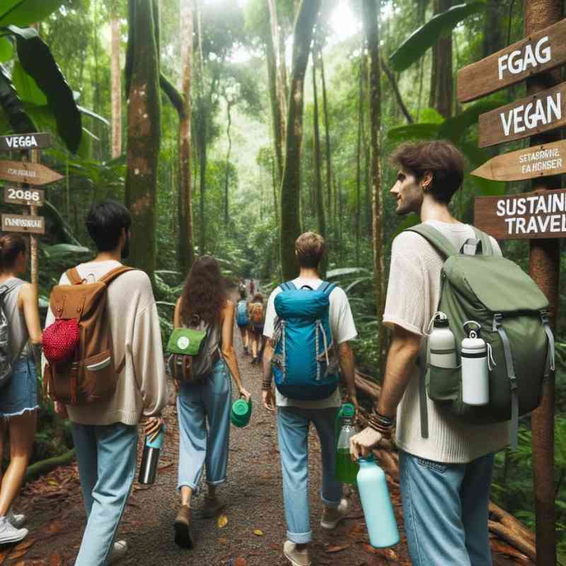 Photo of a diverse group of travelers exploring a lush forest with reusable water bottles and eco-friendly backpacks. Signs along the path promote vegan and sustainable travel practices.
