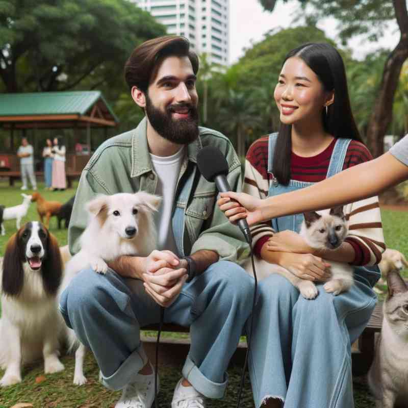 Photo of a diverse male and female animal welfare advocate being interviewed in a local park, with animals around them and a microphone in front of them.