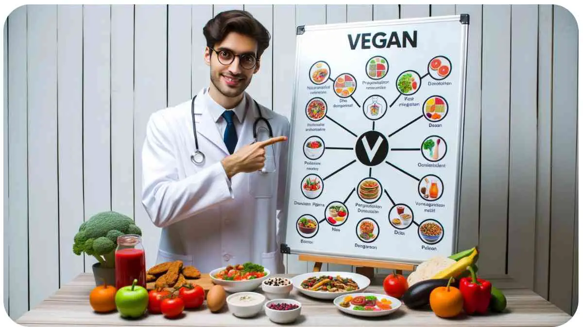 Photo of a doctor pointing to a board showcasing the nutritional benefits of vegan foods. Surrounding the doctor are colorful plates of vegan meals, illustrating the variety of options available.