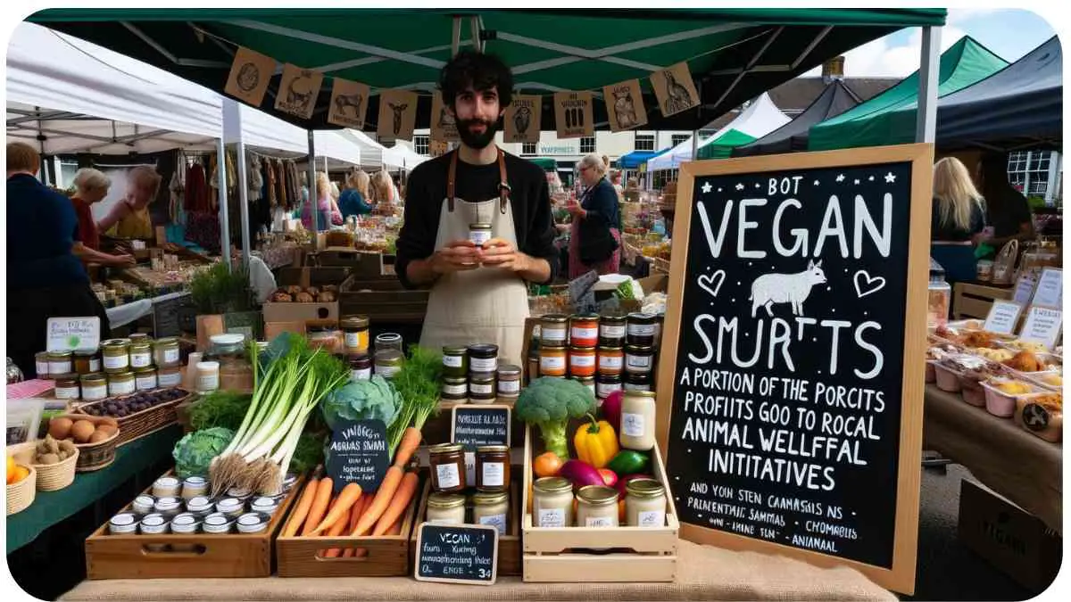 Photo of a farmer's market stall with a diverse vendor selling vegan products, with a portion of the profits going to local animal welfare initiatives, evidenced by a sign.
