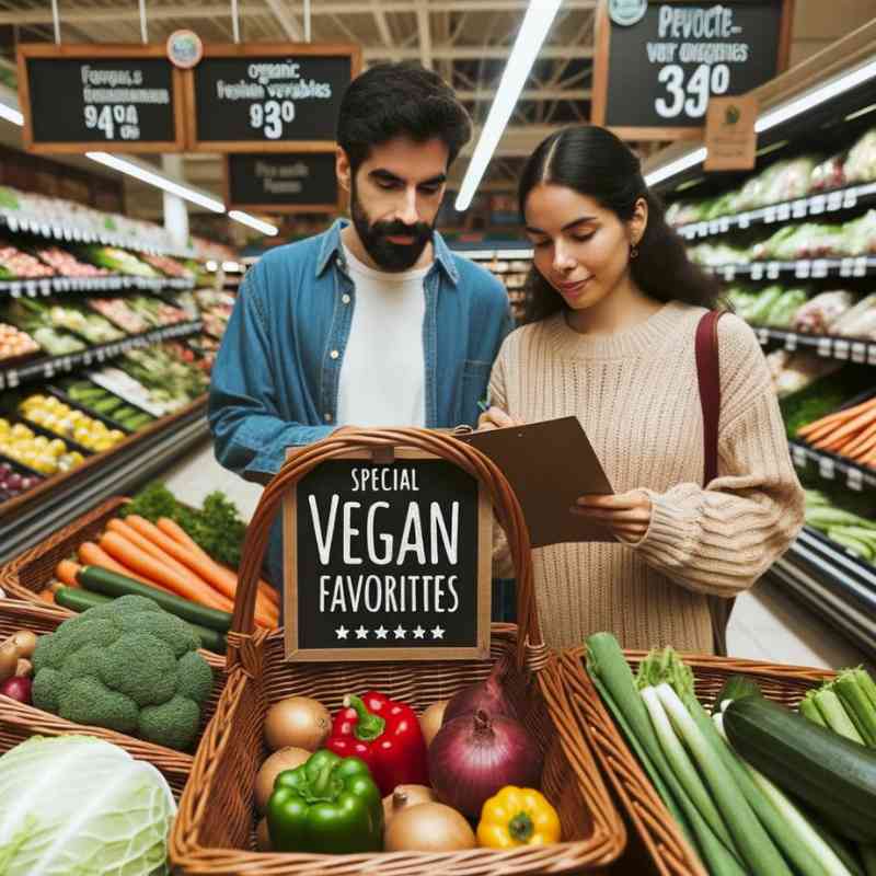 Photo of a grocery store produce section with a special 'Vegan Favorites' sign. Fresh organic vegetables and fruits are neatly arranged. A diverse couple, including a Hispanic man and an Indigenous woman, are filling their basket, comparing notes from a vegan shopping list.