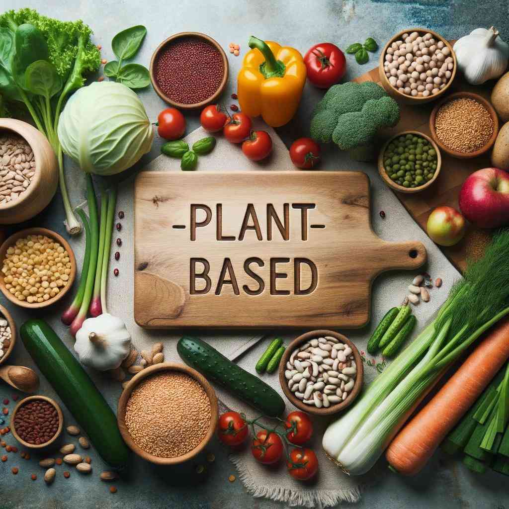 Photo of a kitchen counter with various plant-based ingredients spread out. There are fresh vegetables, legumes, grains, and fruits. In the center, a wooden cutting board has the words 'Plant-Based' carved into it.