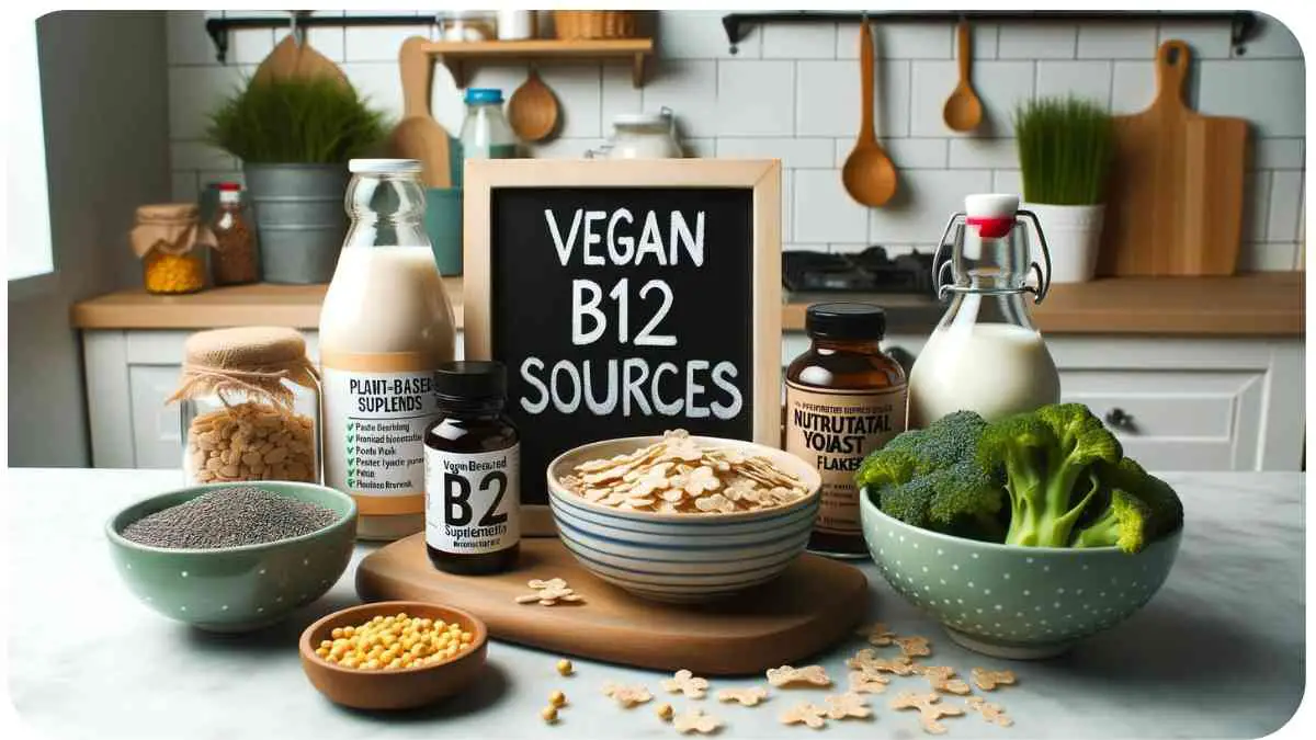 Photo of a landscape-oriented kitchen counter with a variety of vegan sources of vitamin B12. There's a bottle of B12 supplements, fortified plant-based milk, nutritional yeast flakes, and a bowl of fortified cereal. A small chalkboard sign reads: 'Vegan B12 Sources'.