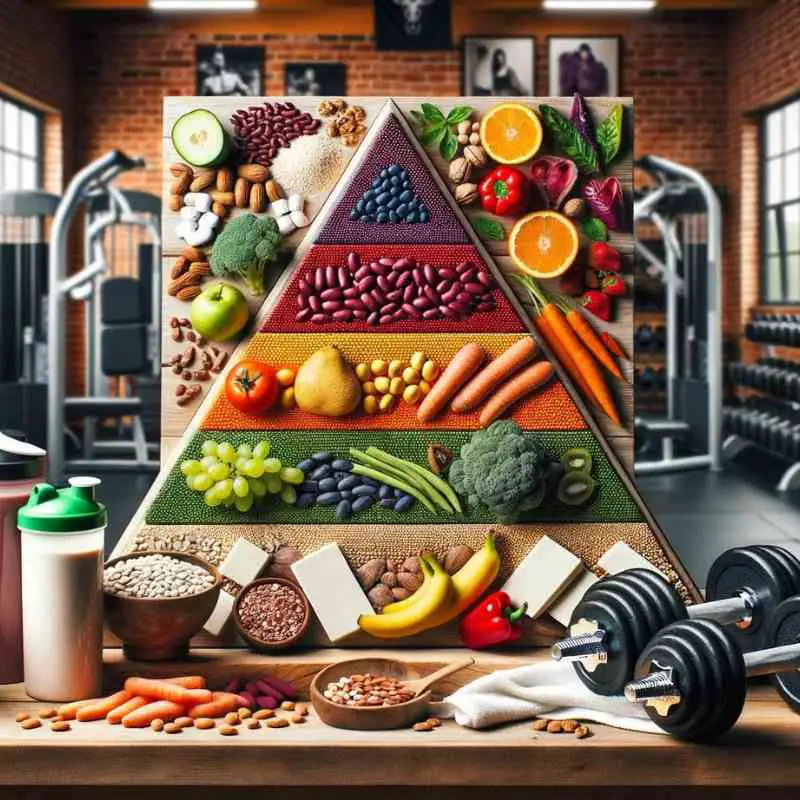 Photo of a large colorful vegan food pyramid diagram placed on a wooden table with a background of a gym. The pyramid is divided into layers with the base showcasing whole grains and legumes th