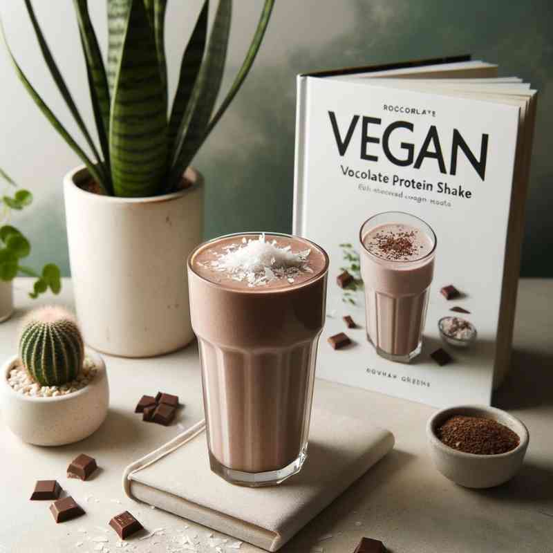 Photo of a minimalist setting with a tall glass filled with a chocolate vegan protein shake. The glass is garnished with a sprinkle of coconut shavings. In the background, there's a plant and a book about vegan recipes.