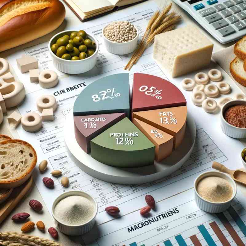 Photo of a nutritionist's desk featuring charts, graphs, and models of macronutrients. In the center is a 3D pie chart illustrating the ideal ratio of carbohydrates, proteins, and fats for a balanced diet. Surrounding the chart are sample foods like bread, tempeh, and olives.