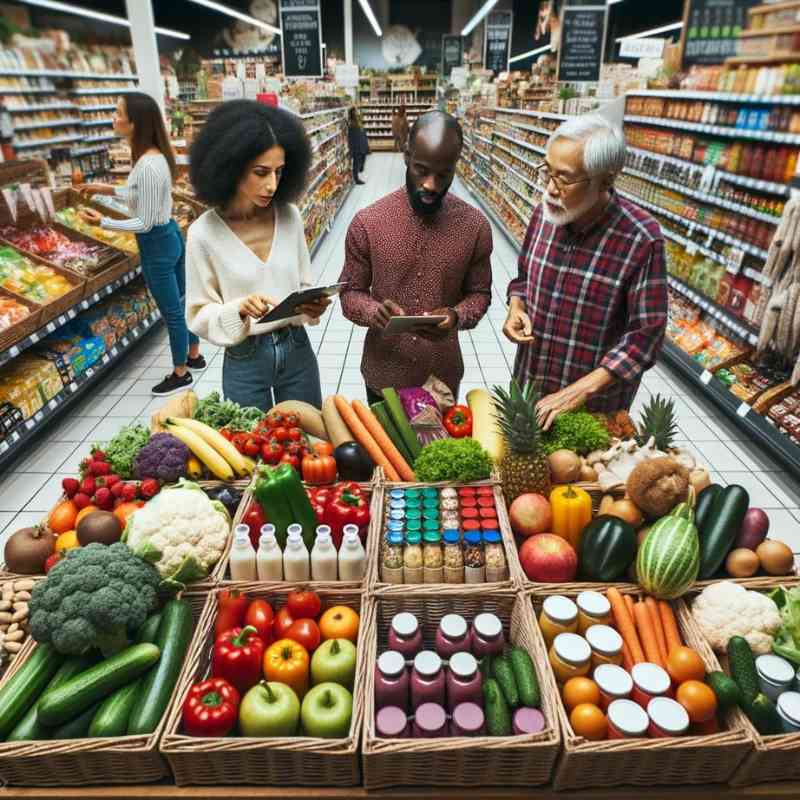 Photo of a square grocery store display filled with an array of colorful vegan products, from fruits and vegetables to packaged goods. A diverse group of shoppers, including an African woman and an East Asian elderly man, are discussing choices and checking product details.