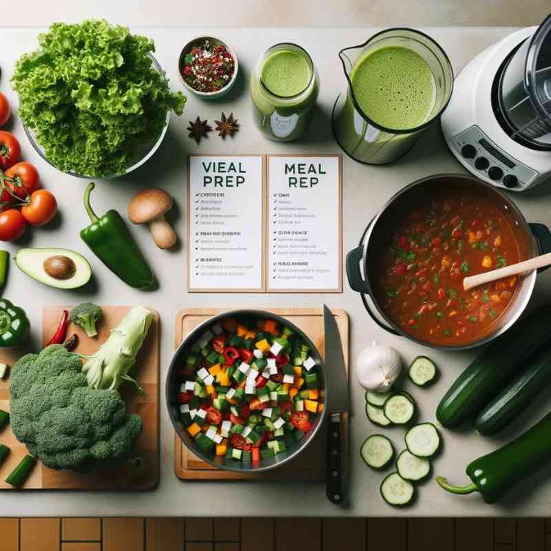 Photo of a square kitchen island highlighting vegan meal prep process. Fresh vegetables are being chopped, blender is filled with green smoothie, and there's a pot simmering with vegan chili. Recipe cards are scattered around, guiding the meal prep journey.