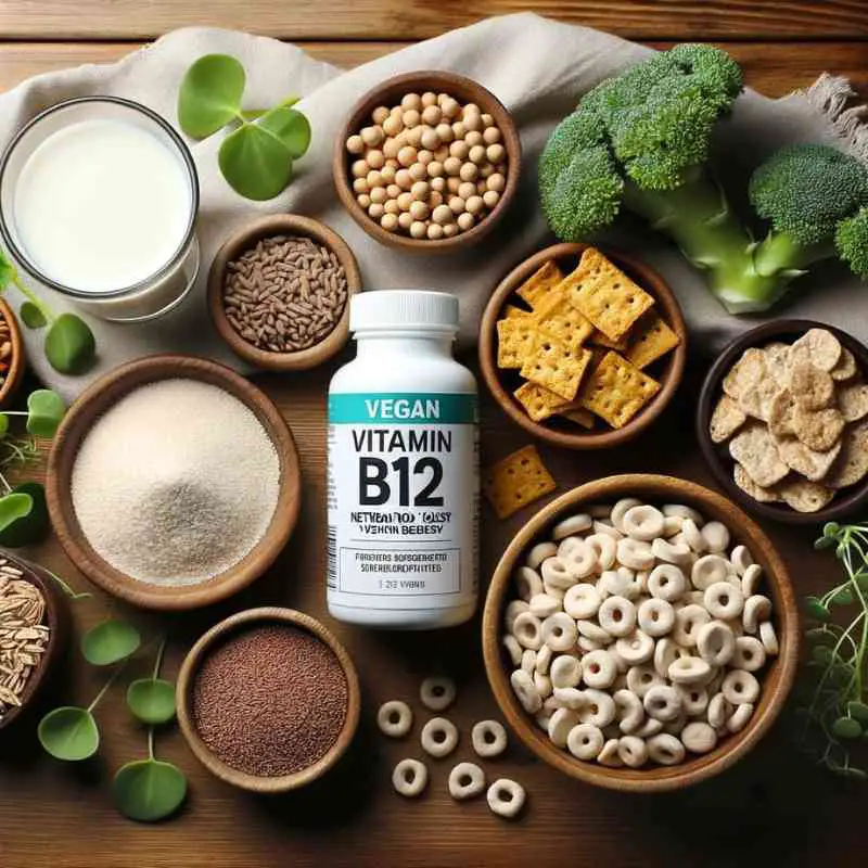 Photo of a square layout with a variety of vegan sources of vitamin B12 displayed on a wooden table. Items include a B12 supplement bottle, fortified soy milk, nutritional yeast in a bowl, and fortified vegan cereals. Fresh green plants surround the items for aesthetics.