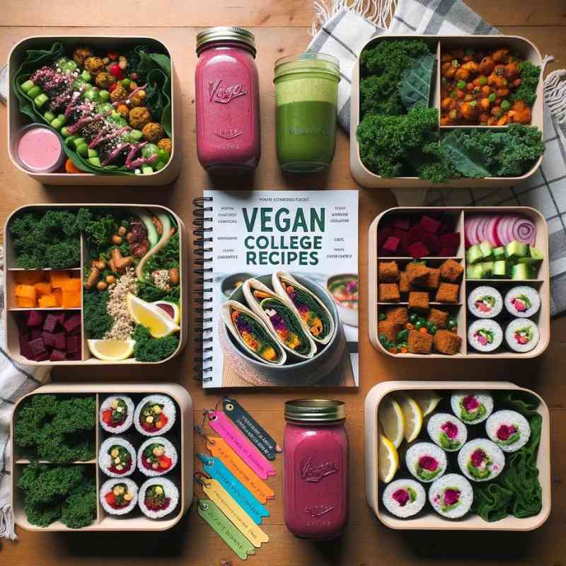 Photo of a square wooden table showcasing a variety of vegan meal prep containers. The dishes consist of falafel wraps, kale smoothies, beetroot salads, and vegan sushi rolls. A cookbook titled 'Vegan College Recipes' lies open with colorful bookmarks.