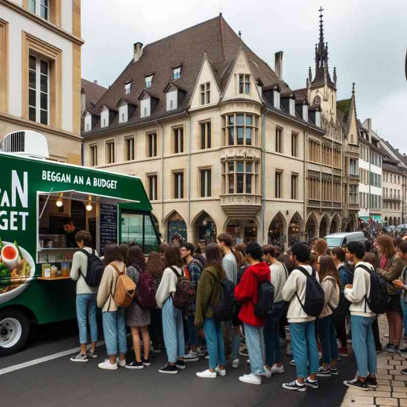 Photo of a street in Europe where a vegan food truck offers affordable plant-based meals. Diverse tourists queue up to order, while a sign next to the truck reads 'Vegan on a Budget'. Historic European buildings can be seen in the background.