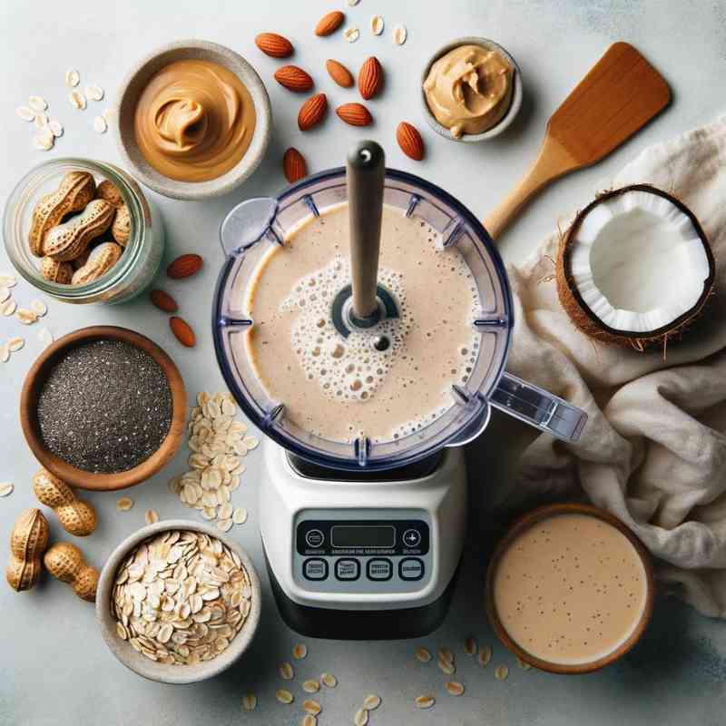Photo of a top-down view of a blender filled with a thick vegan protein shake mixture. Surrounding the blender are ingredients like oats, chia seeds, peanut butter, and coconut milk. A wooden spatula rests next to the blender.