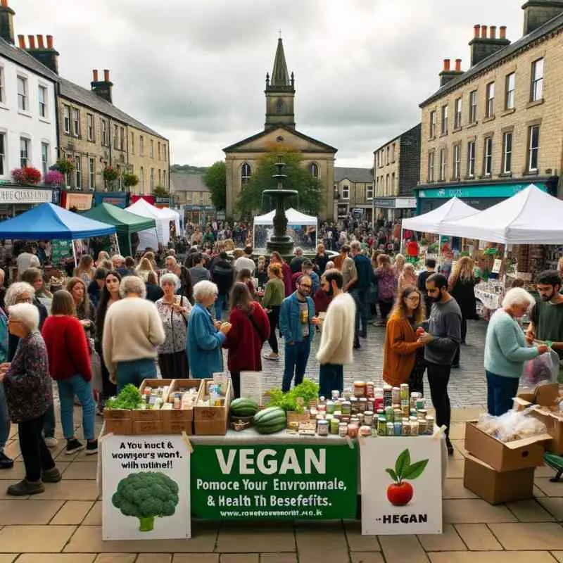 Photo of a town square where diverse local residents gather around stalls promoting vegan products, with signs explaining the environmental and health benefits of veganism.