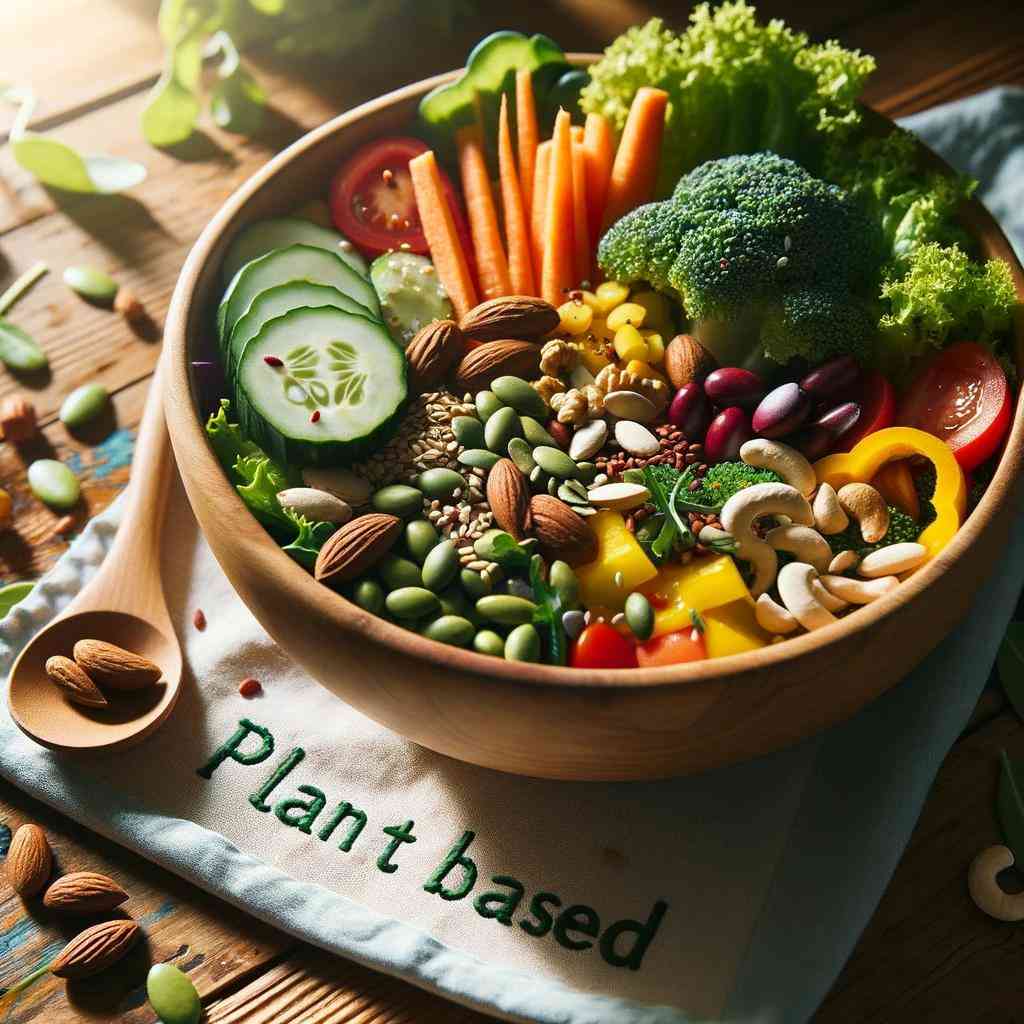 Photo of a vibrant, colorful salad bowl filled with fresh vegetables, nuts, and seeds. The wooden table beneath has a napkin with the text 'Plant-Based' embroidered on it. Sunlight streams in, giving the scene a warm and inviting glow.
