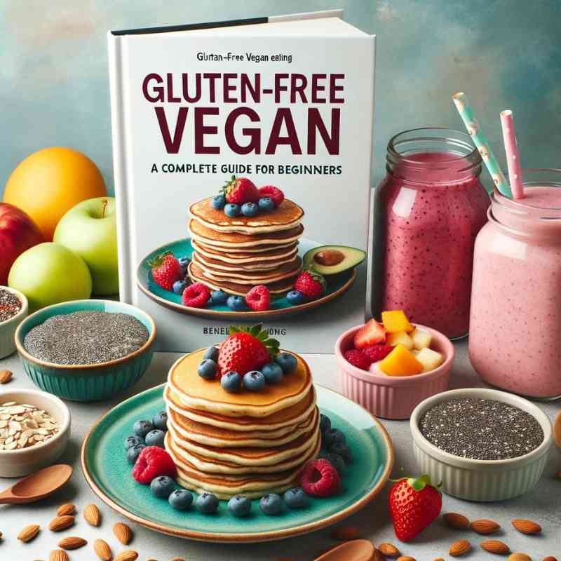 Photo of a vibrant gluten-free vegan breakfast setup. Pancakes made from almond flour, chia seed pudding, fresh fruit smoothies, and toasted seeds are on display. The book 'Gluten-Free Vegan Eating: A Complete Guide for Beginners' stands upright in the backdrop.