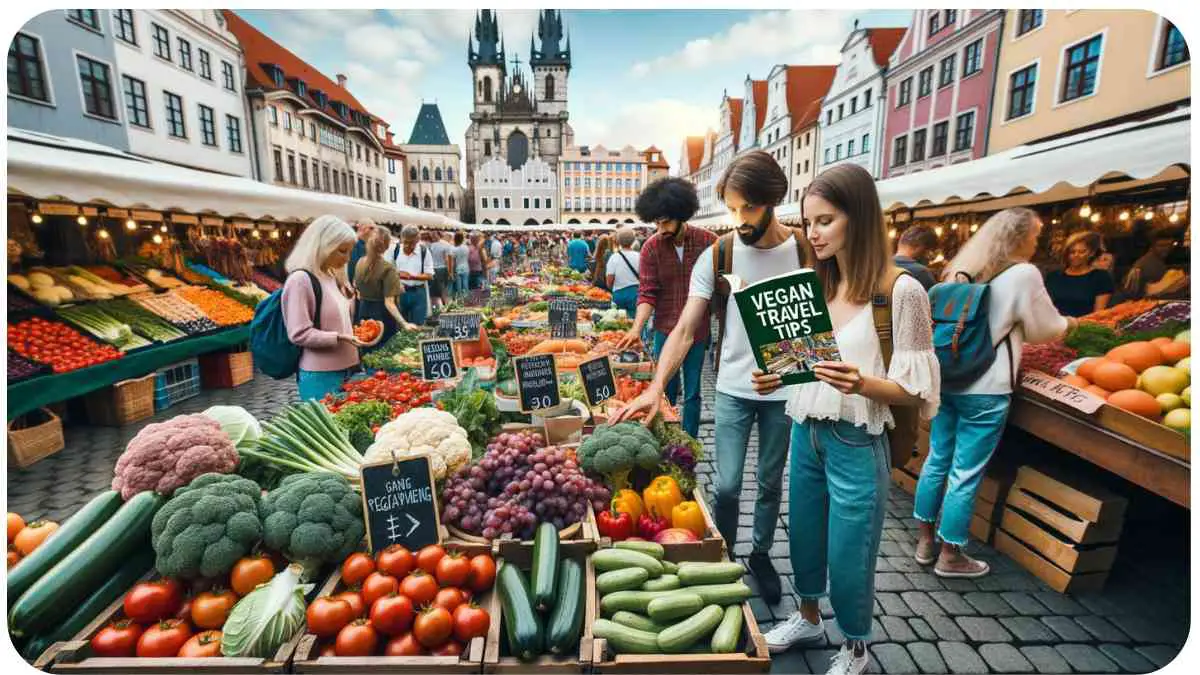 Photo of a vibrant open-air market in Europe showcasing a variety of fresh vegetables and fruits. A diverse group of travelers are browsing and purchasing produce, with some of them holding a guidebook titled 'Vegan Travel Tips'. The background features historic European architecture.