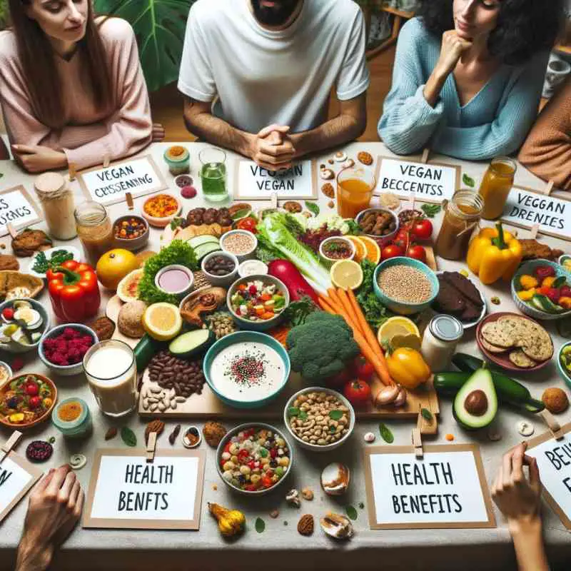 Photo of a vibrant vegan meal spread on a table with labels pointing out the health benefits of each dish. Surrounding the table, people of different genders and descents are engaged in conversation about the benefits of veganism.