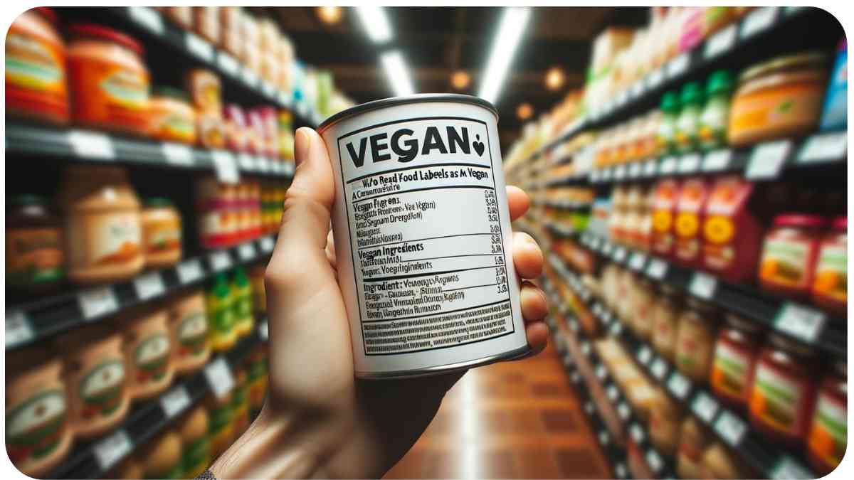 Photo of a well lit grocery store aisle focusing on various food products. Close up of a hand holding a product with its ingredients label clearly visible. Highlighted text on the label points out 1
