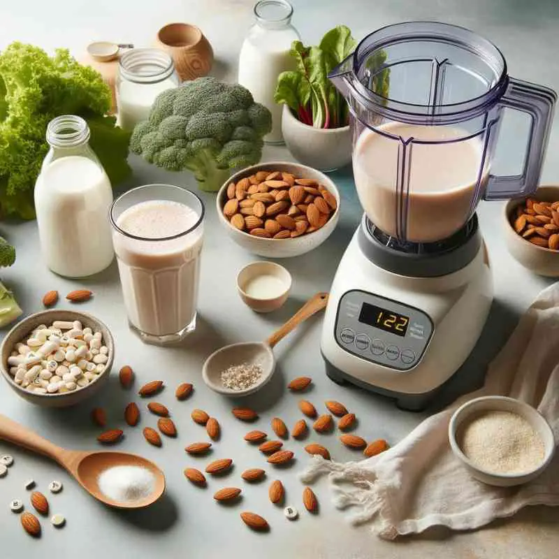 Photo of a well-lit landscape-oriented kitchen scene showcasing a blender filled with a B12-rich vegan smoothie. Ingredients like fortified almond milk, B12 supplement pills, and a spoon of nutritional yeast are scattered around.