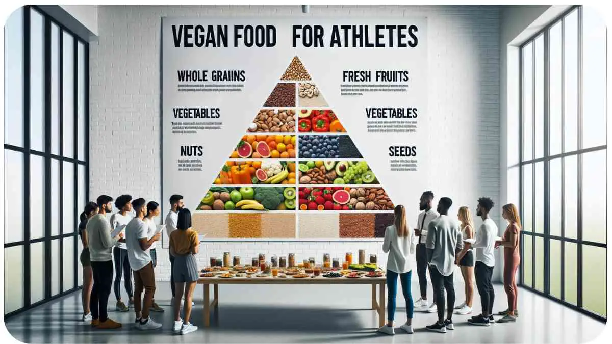 Photo of a well-lit room with a big vegan food pyramid poster for athletes. The pyramid is divided into sections with clear labels: whole grains, fresh fruits, vegetables, nuts, seeds, and plant-based proteins. There's a table in front displaying real samples of each category, with a group of diverse athletes examining the table and taking notes.