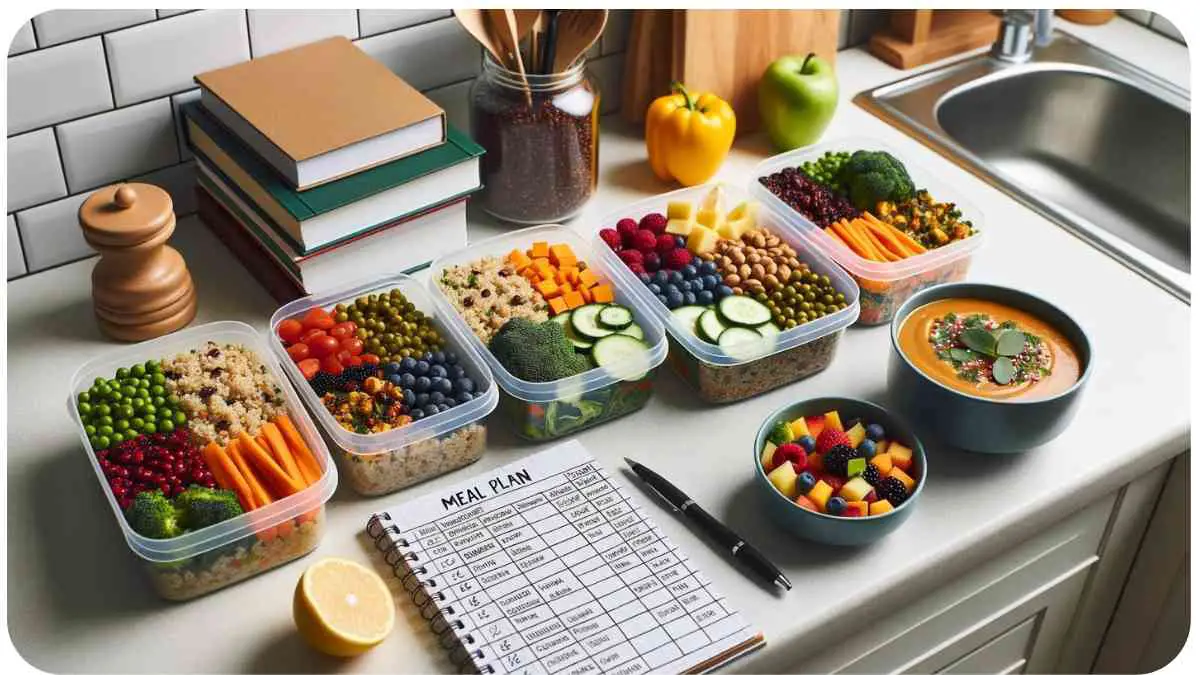Photo of a well-organized kitchen counter showcasing various containers filled with colorful vegan meals. The meals consist of quinoa, roasted vegetables, lentil soup, and fruit salads. A notepad with a meal plan is placed beside the containers, and there's a college textbook nearby indicating it's for a student.