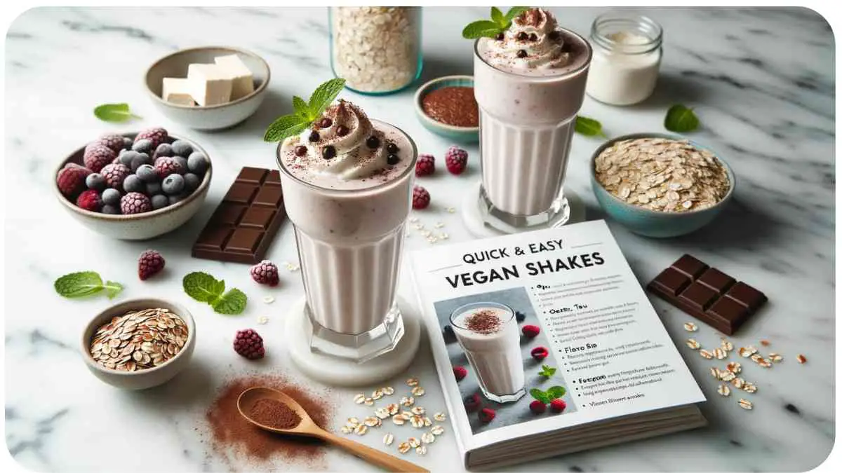 Photo of a white marble countertop with two finished vegan protein shakes in tall glasses, garnished with a sprinkle of cocoa and a mint leaf. Ingredients scattered around include oats, tofu, flaxseeds, and frozen berries. A recipe book titled 'Quick & Easy Vegan Shakes' lies open next to them.