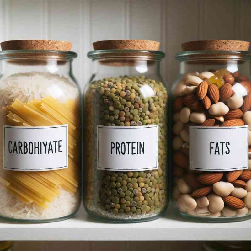 Photo of three glass jars on a shelf, each labeled with a macronutrient: carbohydrates, proteins, and fats. The carbohydrate jar is filled with rice and pasta, the protein jar with lentils and chickpeas, and the fats jar with olive oil and almonds.
