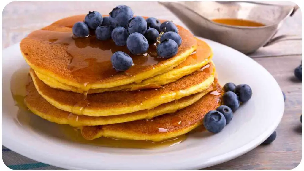 a stack of pancakes topped with syrup and blueberries