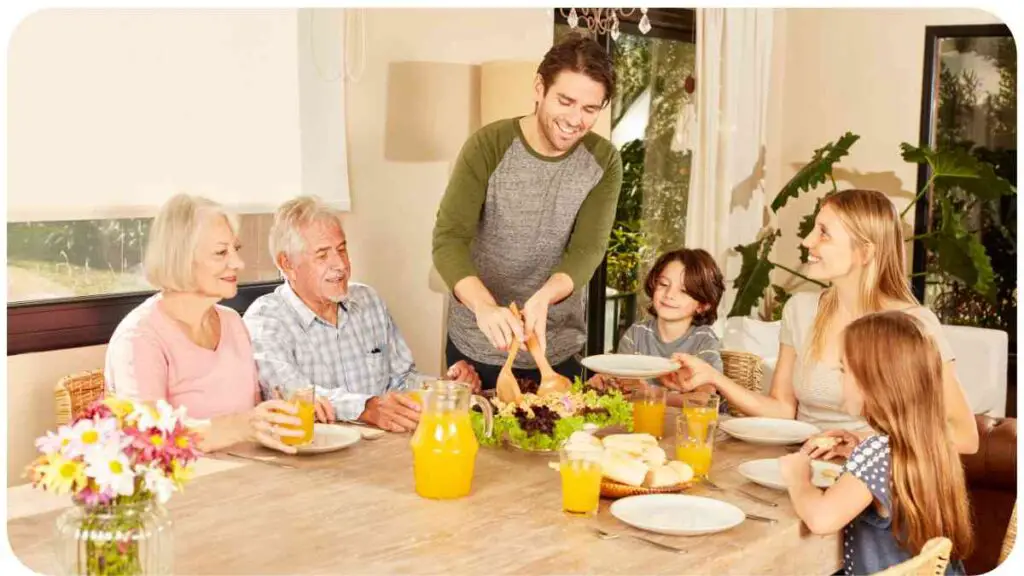 a family is sitting around a table with a plate of food