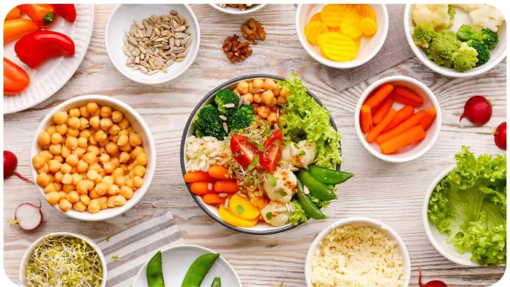 various types of healthy food in bowls on a wooden table