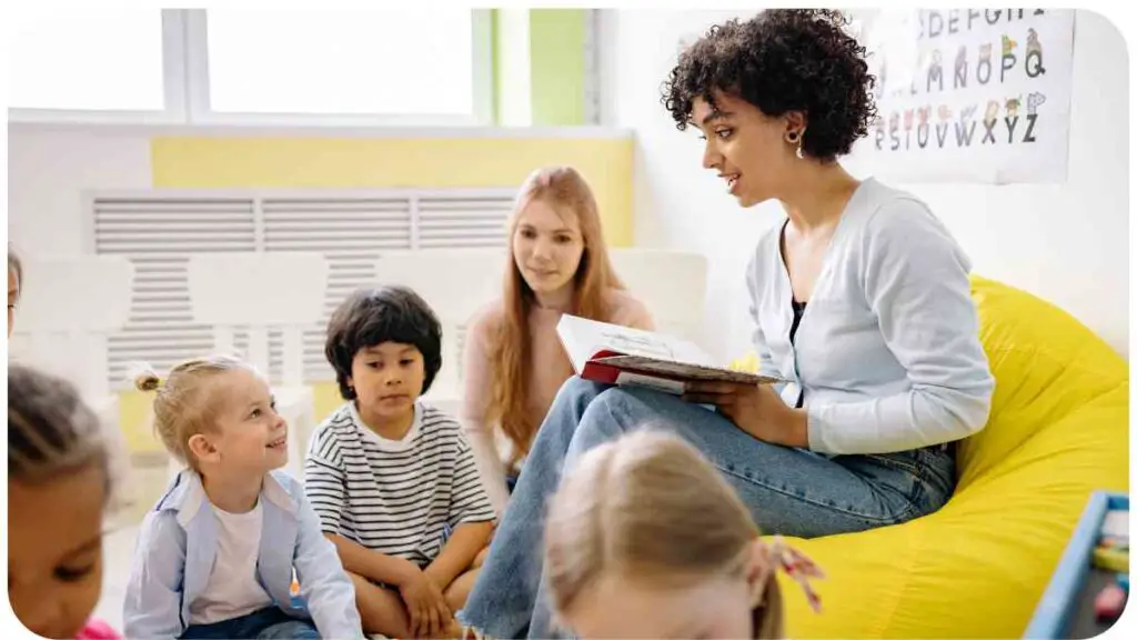 a teacher reading to children in a classroom