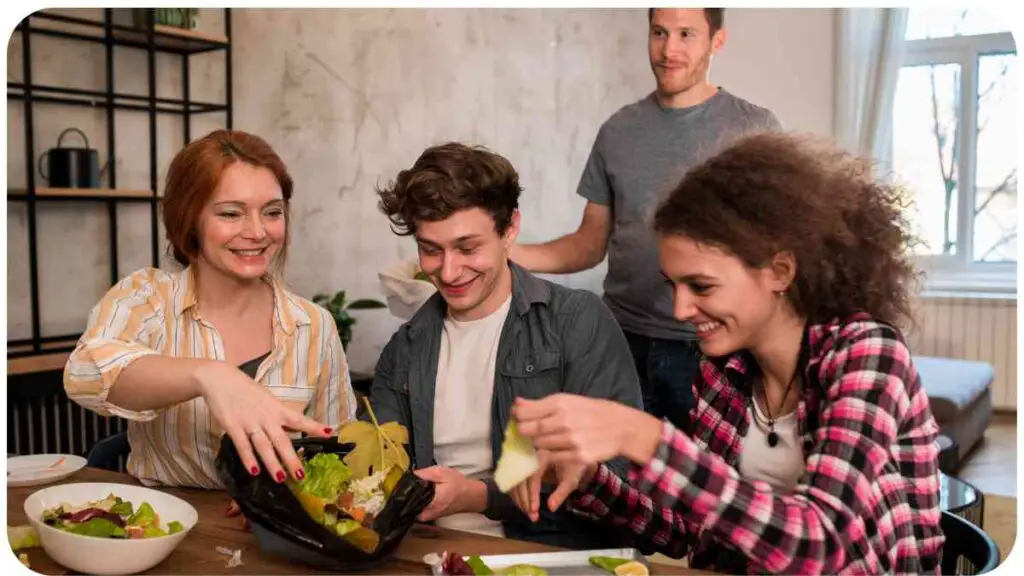a group of people sitting around a table eating salad