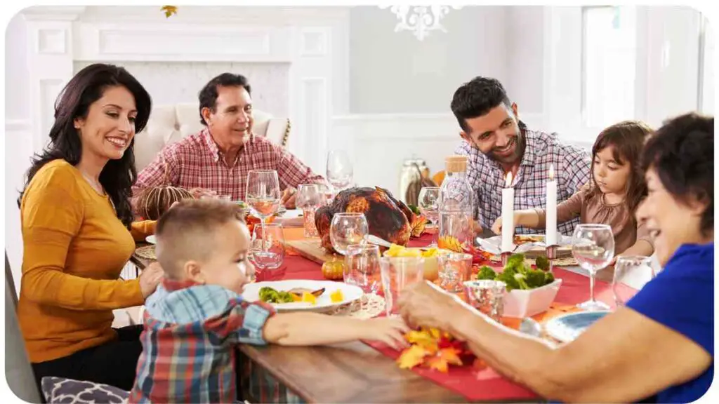 a family is sitting around a table for thanksgiving