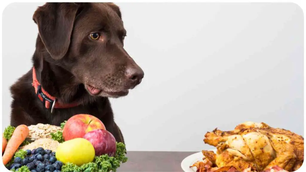 a dog is looking at a plate of food with fruits and vegetables
